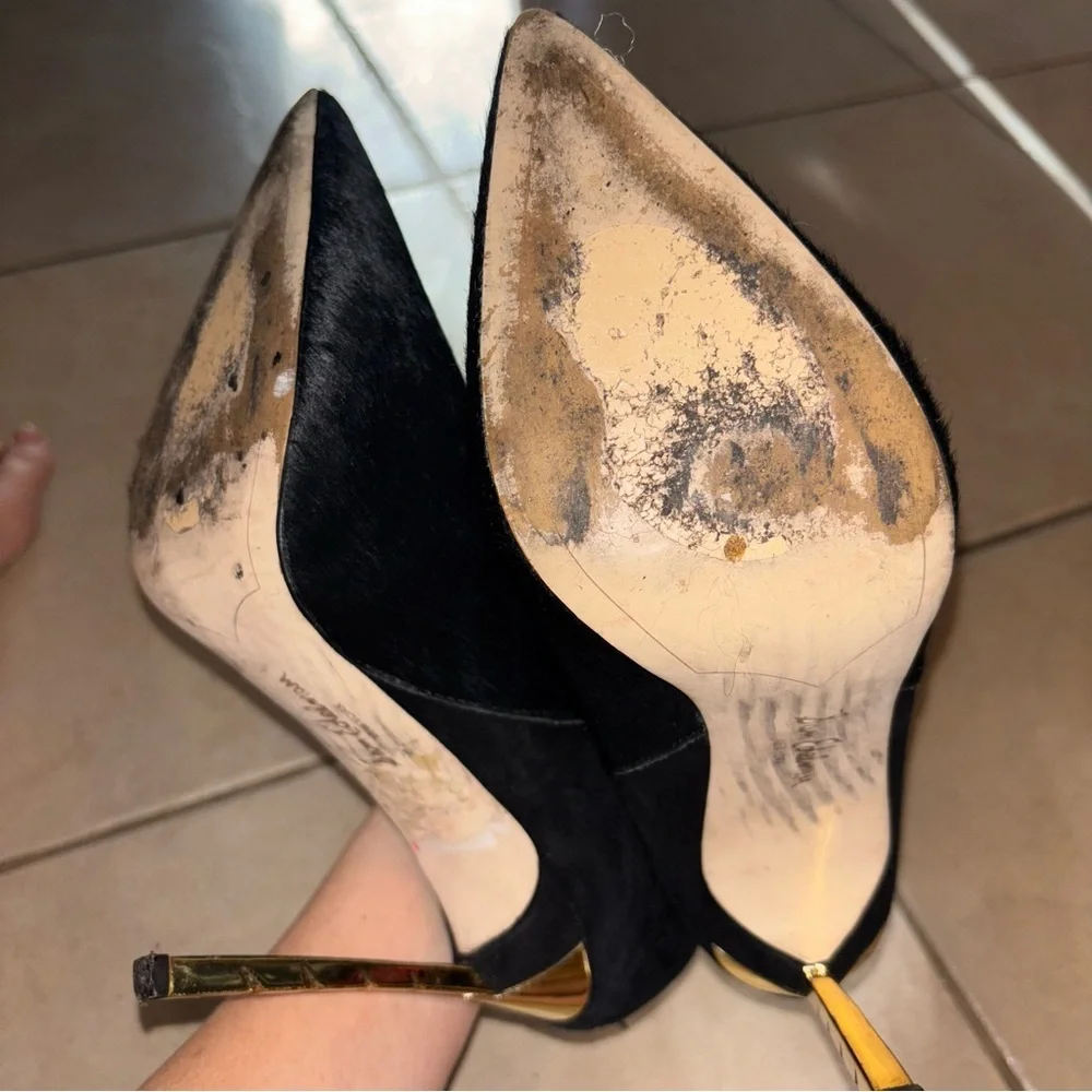 Sam Edelman Sandy Black Calf Hair and Suede Ankle Boots with Gold Stiletto Fur